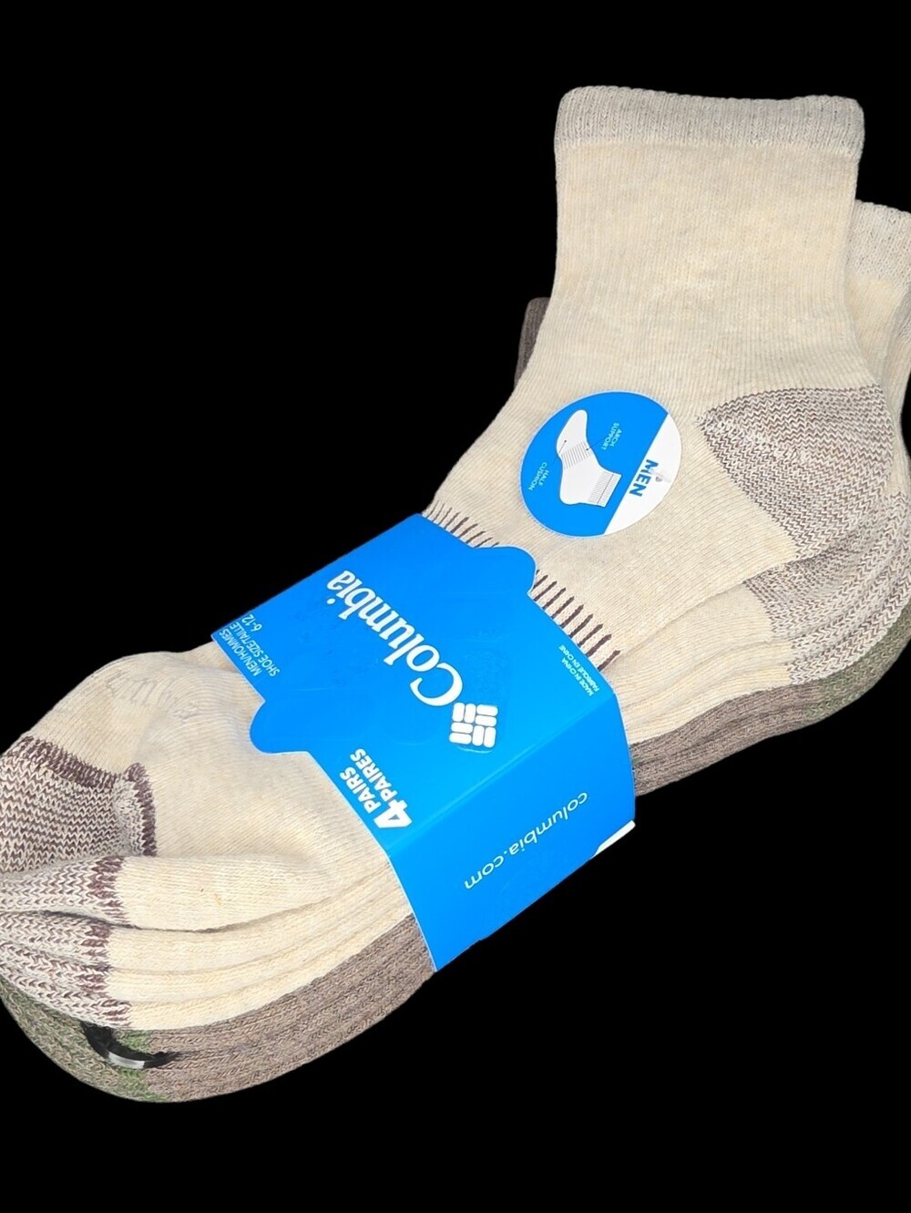 4 Pair Columbia Men's Quarter Socks in Tan and Brown Trim. NWT Shoe Size 6-12